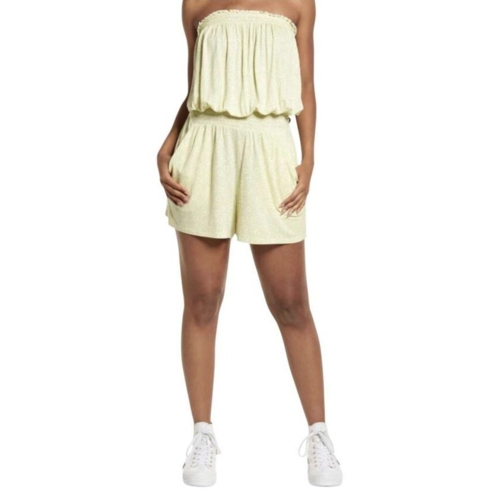 BP. Women's Strapless Lettuce Edge Myra Floral Romper in Yellow/Green/White XS